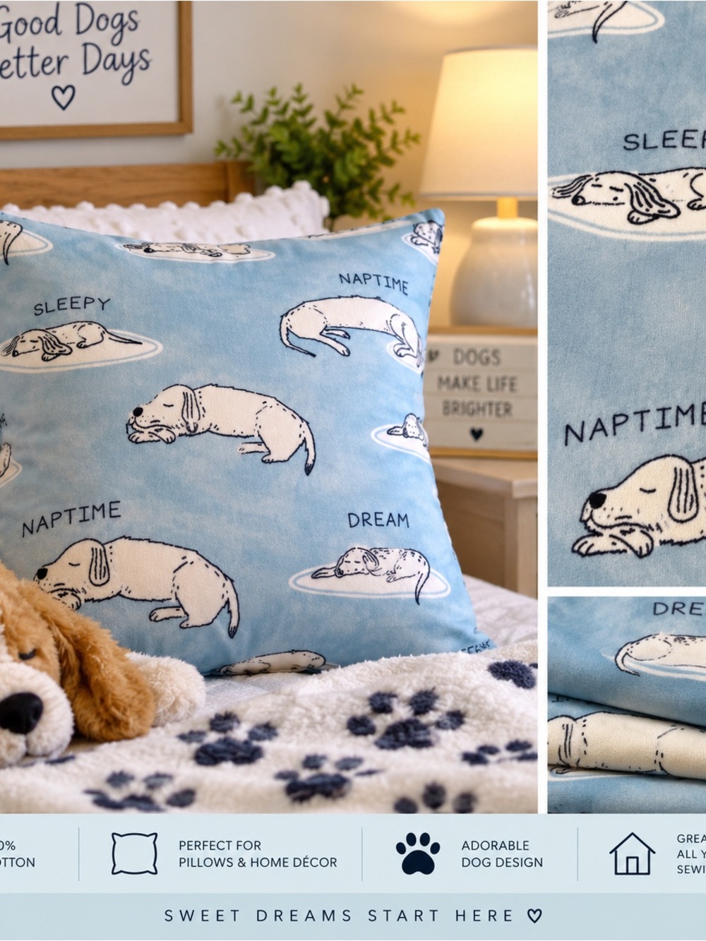 Magic Moon JOANN Sleepy Dogs Blue 100% Cotton Fabric – 2.9 Yards – Discontinued